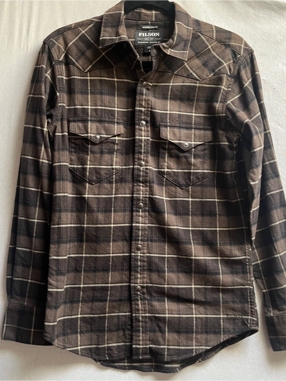 Filson Rugged Snap-Front Plaid Flannel Work Shirt Brown Cream Black XS